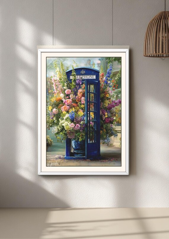 Blue phone box floral print, blooms and flowers, unique wall art, whimsical decor