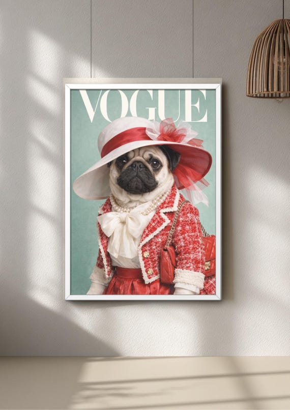 Fashion Dog Print Pug Poster, Quirky Magazine Cover Wall Art Decor