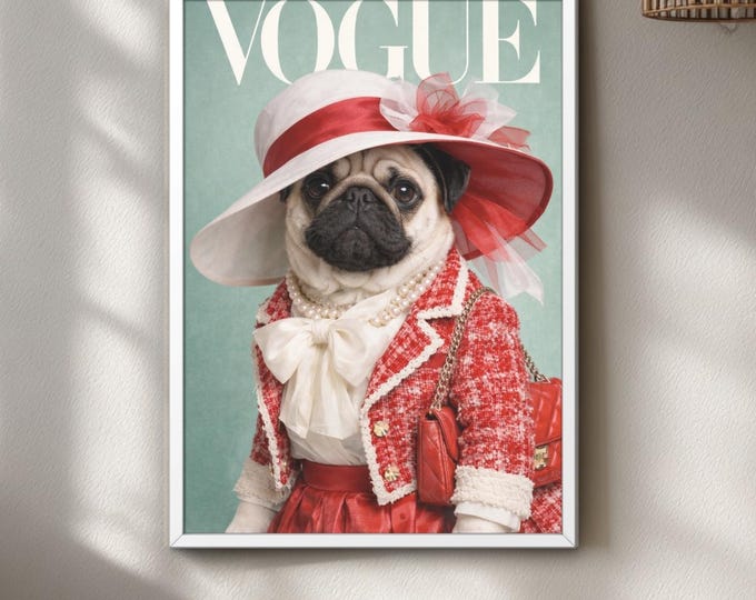Fashion Dog Print Pug Poster, Quirky Magazine Cover Wall Art Decor