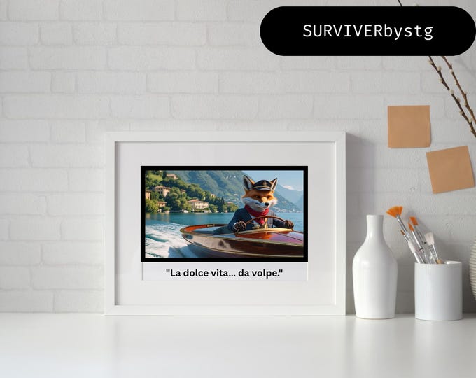 Print; Fox on Lake Como - Whimsical Animal Art (Digital Download A4 Landscape)