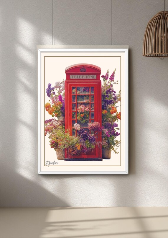 Red Telephone Box Art | Home Decor Print, Colourful Botanical Wild Flowers Floral