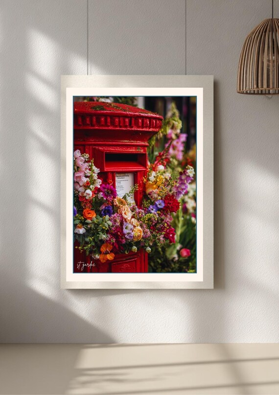 Red Mailbox Art, Blooms And Flowers Print, Whimsical Decor, Country Cottage Art