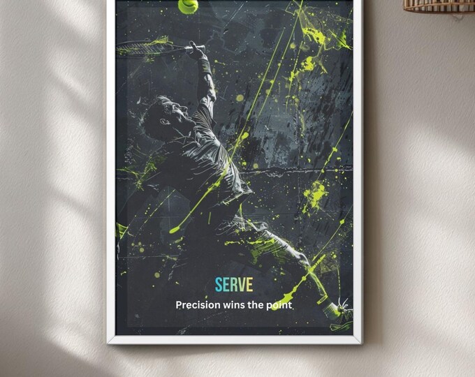Tennis Serve Poster, Graffiti Style Sports Art, Urban Gym Decor