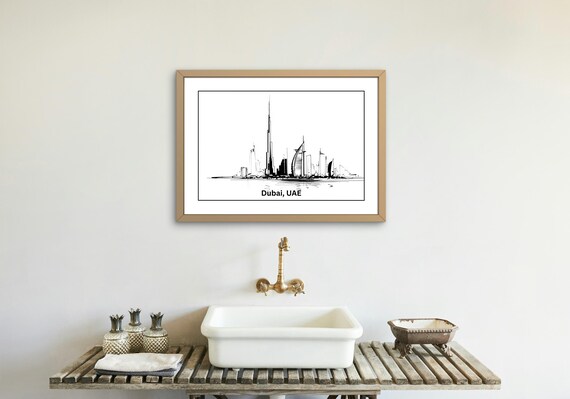 Dubai City Art, pencil line art print, neutral digital download