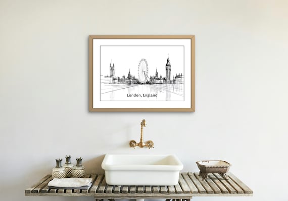 London Skyline Pencil Line Art  Print, Iconic Landmarks (Digital Download)