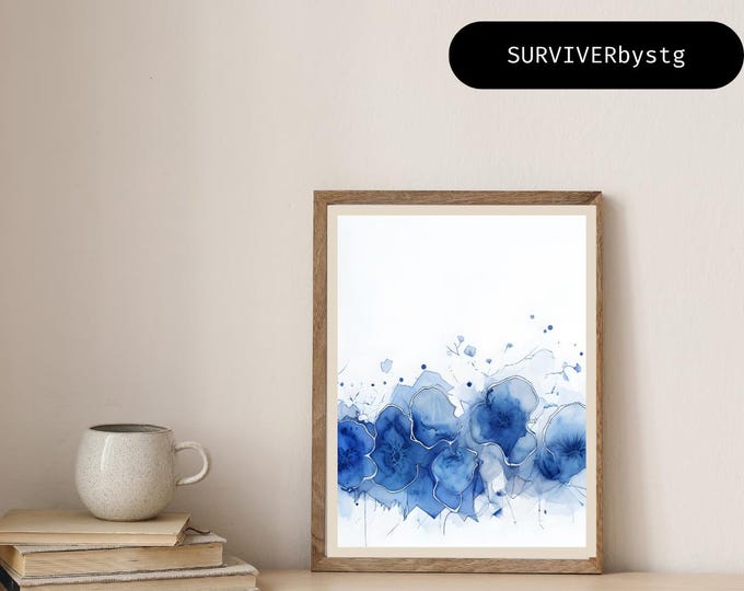 Print; Blue Floral Abstract Art | Modern Minimalist Decor (A4 Digital Download)