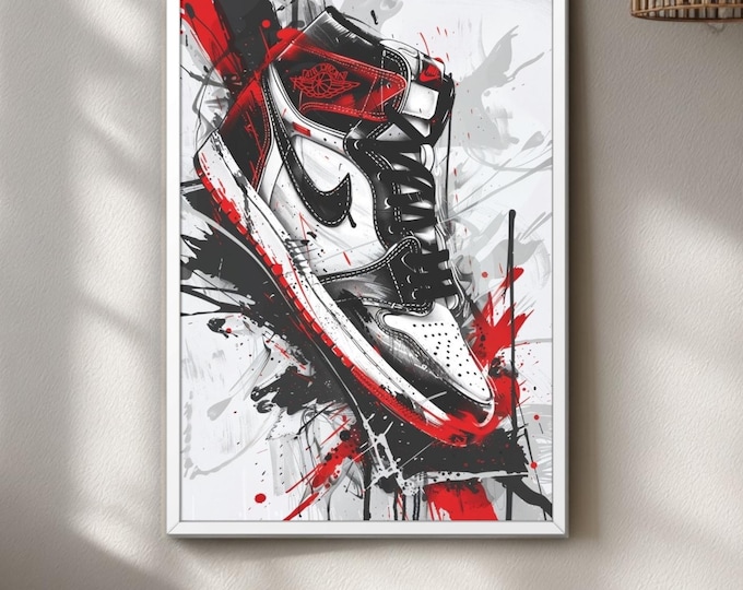 Sneaker Wall Art, Red Graffiti Art Poster, Black Urban Decor