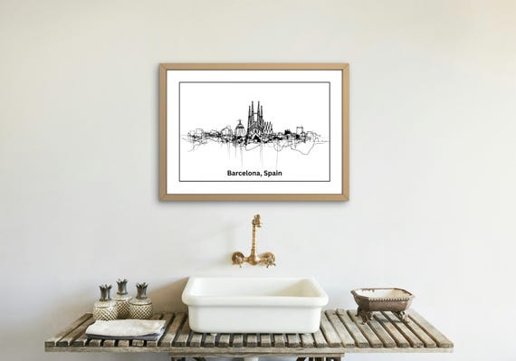 Barcelona Landscape Pencil Line Art,  Printable Wall Art Digital Download