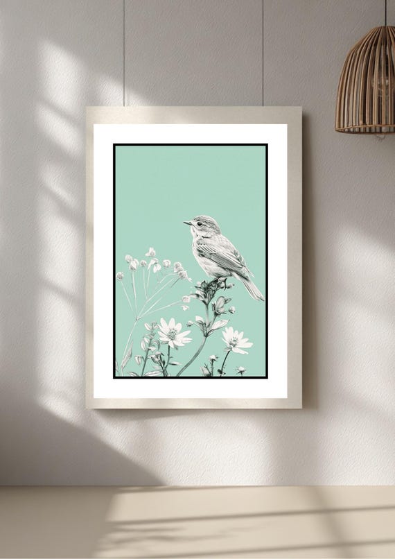 Teal Floral Bird Print – Modern Botanical Wall Art