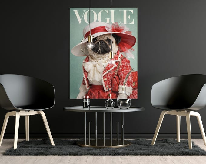 Fashion Dog Print Pug Poster, Quirky Magazine Cover Wall Art Decor