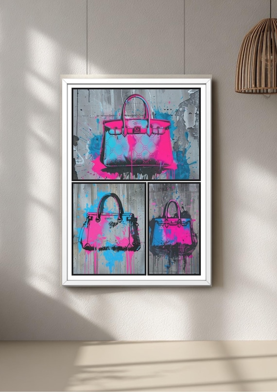 Neon Wall Art Fashion Print, Pink Blue Handbag, Graffiti Style Art