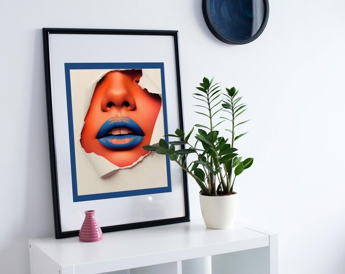 Pop art lips print blue torn paper A4 digital wall art