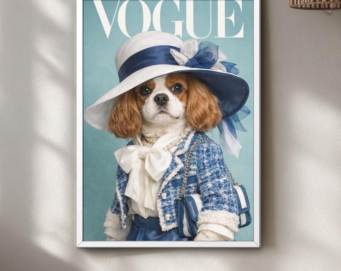 Vogue Dog Wall Art Print, Fashionable Cavalier King Charles Spaniel Poster, Magazine Cover Art
