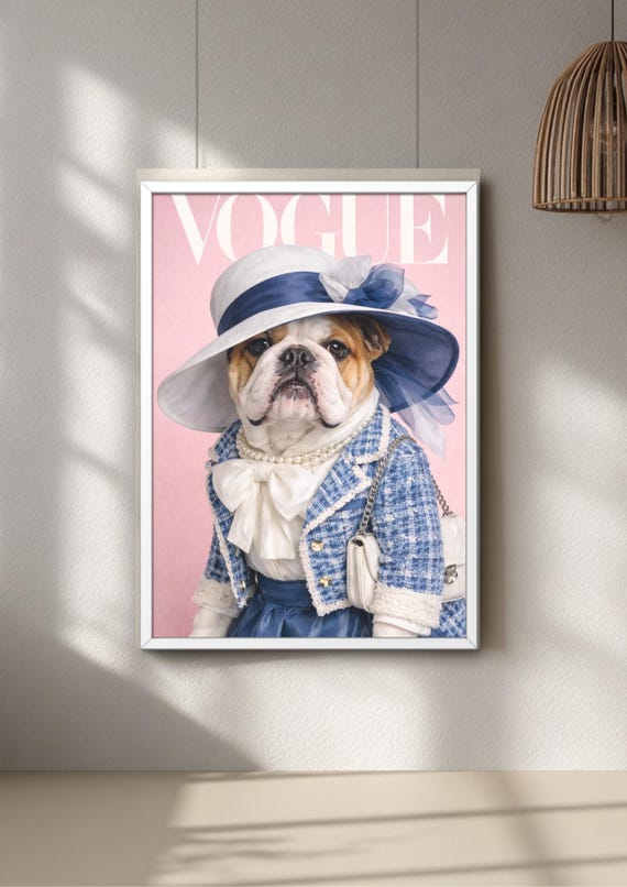 Vogue Bulldog Fashion Print: Parisian Style Pet Portrait, Chic Home Decor