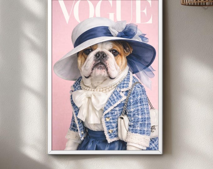 Vogue Bulldog Fashion Print: Parisian Style Pet Portrait, Chic Home Decor