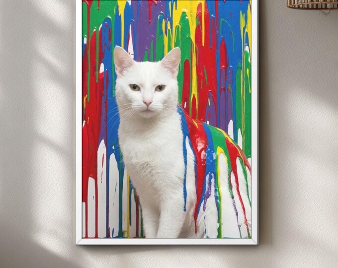 White Cat Graffiti Art Print, Colourful Pop Art Cat Poster, Street Art Style Wall Decor, Modern Animal Artwork