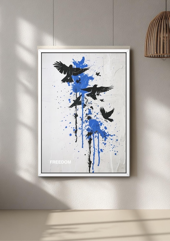 Banksy Style Bird Release Graffiti Poster, Blue Colour Pop Street Art Print