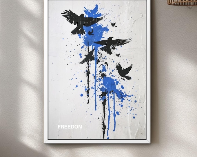 Banksy Style Bird Release Graffiti Poster, Blue Colour Pop Street Art Print