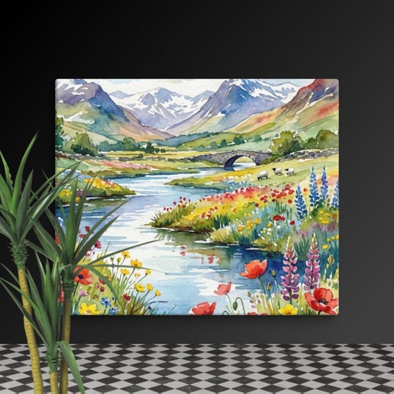Canvas Wall Art | Wildflower Meadow | Mountain wall arts | Watercolor Landscape | Nature