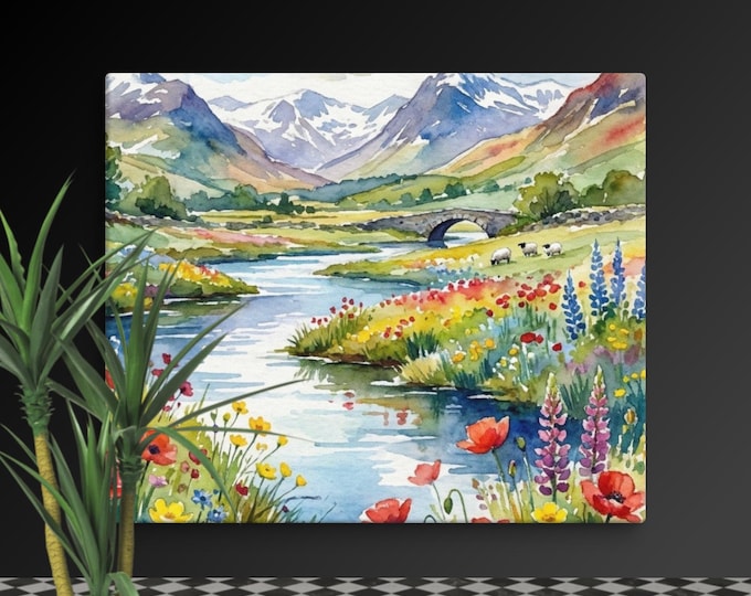 Canvas Wall Art | Wildflower Meadow | Mountain wall arts | Watercolor Landscape | Nature