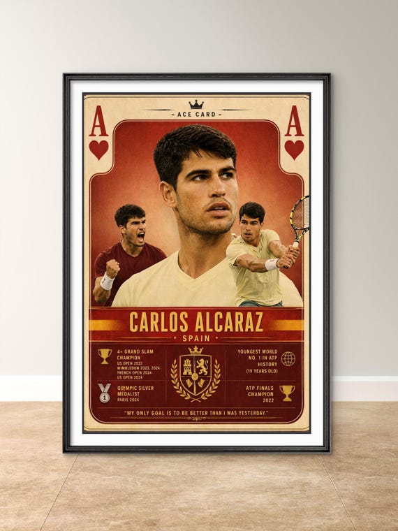 Carlos Alcaraz Trump Card Art, Spain Tennis Champion Wall Art, Grand Slam Decor, Sports Gift