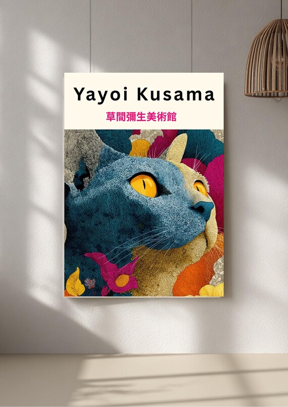 Yayoi Kusama Inspired Cat Poster – Japanese Pop Art Print, Modern Colorful Wall Art, Contemporary Gallery Decor