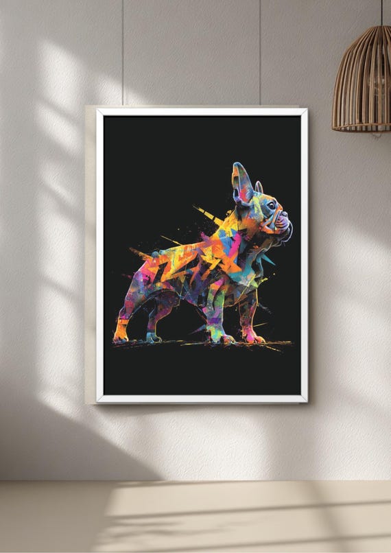 Graffiti Frenchie Wall Art Print – Neon Street Art Dog Poster, Modern Urban Pet Decor