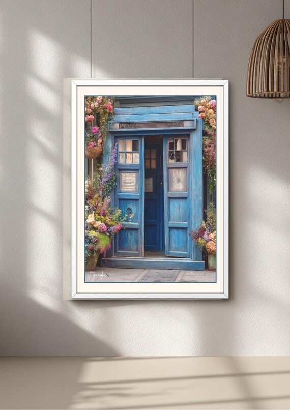 Blue Police Box floral print, blooms and flowers art, whimsical decor