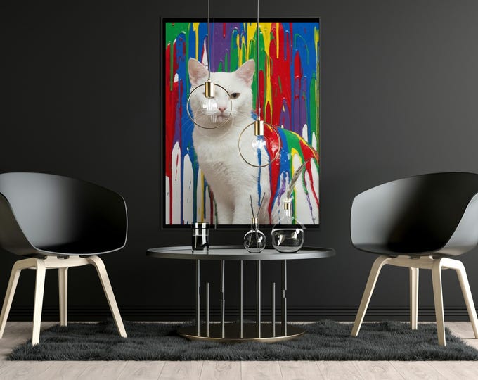 White Cat Graffiti Art Print, Colourful Pop Art Cat Poster, Street Art Style Wall Decor, Modern Animal Artwork