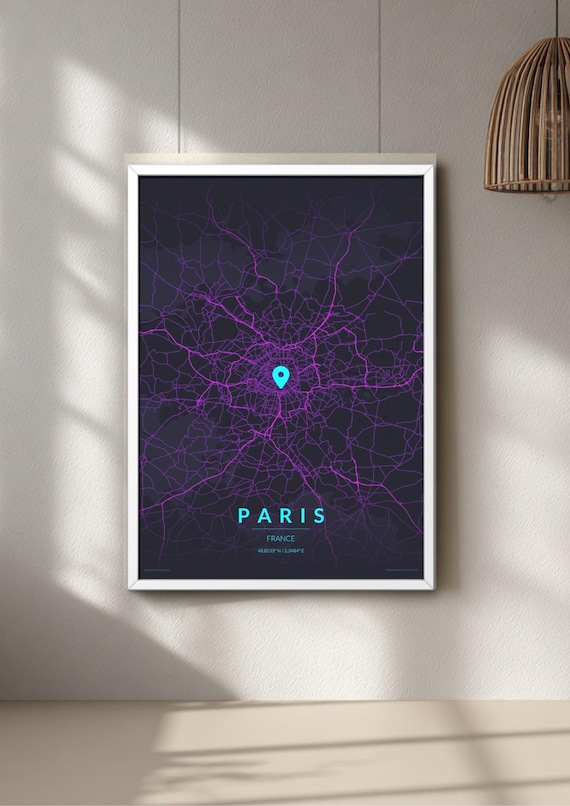 Paris Map, Neon Print, Modern Wall Art Poster