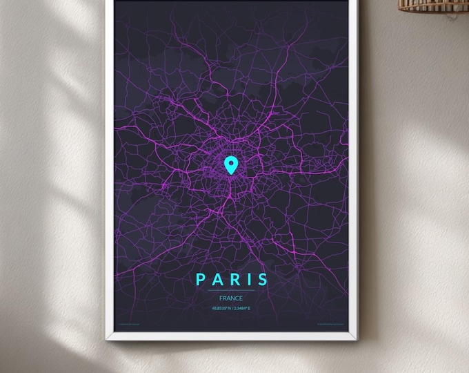 Paris Map, Neon Print, Modern Wall Art Poster