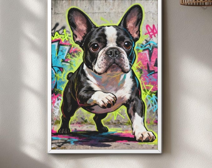 Modern dog poster: Urban Graffiti French Bulldog Print, Colorful Street Art Wall Decor