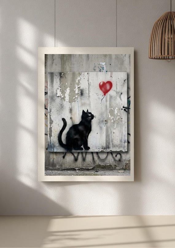 Black Cat Street Art Print, Banksy Style Inspired Wall Art, Urban Graffiti Cat Poster, Modern Home Decor