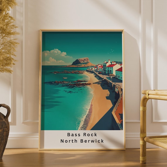 Bass Rock North Berwick Travel Poster, Scotland Coastal Wall Art Print, Retro Scottish Town
