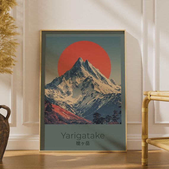 Yarigatake Mountain Poster, Japanese Alps Wall Art, Red Sun Print, Japan Travel