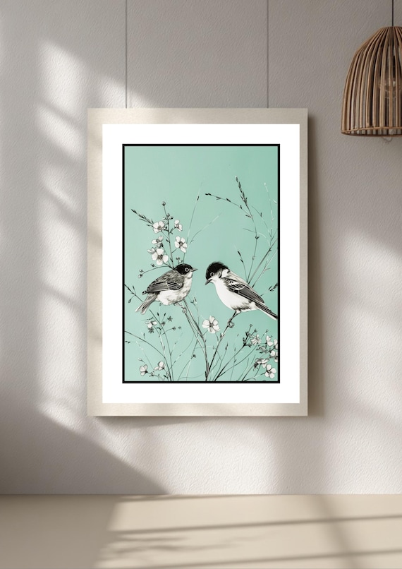 Teal Floral Bird Print – Modern Botanical Wall Art