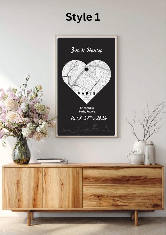 Custom Heart Map Print, Engaged Couple Gift, Personalized Location Poster