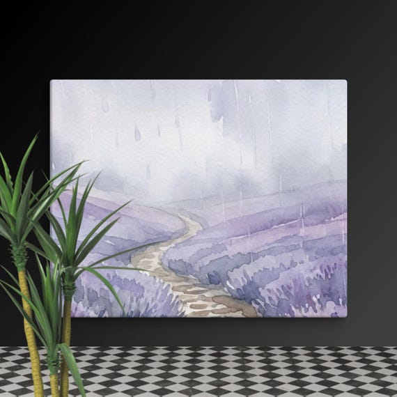 Floral wall art lavender field canvas print, misty watercolor landscape décor