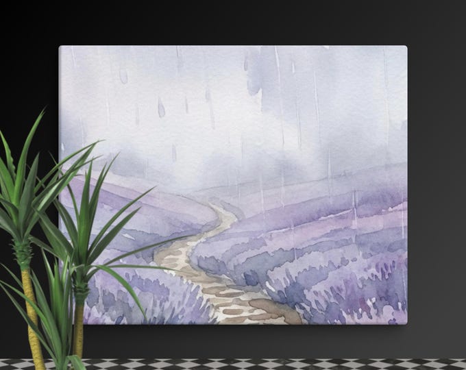 Floral wall art lavender field canvas print, misty watercolor landscape décor