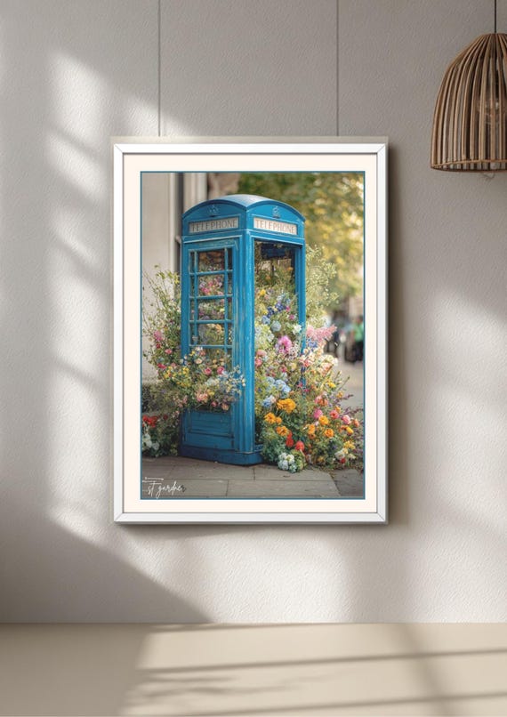 Blue phone box floral print, blooms and flowers, unique wall art, whimsical decor