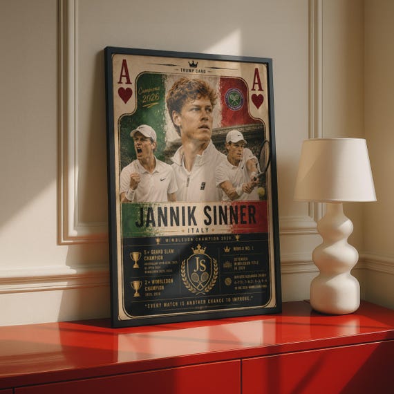 Jannik Sinner Tennis Poster, Wimbledon Champion Trump Card, Sports Wall Art Print