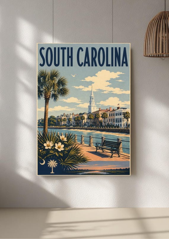 South Carolina Vintage Travel Poster | Charleston Coastal Art Print | Retro Southern Wall Decor