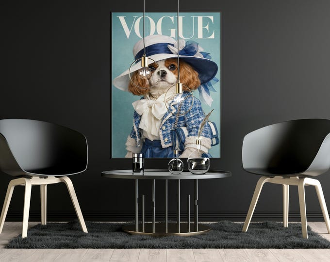 Vogue Dog Wall Art Print, Fashionable Cavalier King Charles Spaniel Poster, Magazine Cover Art