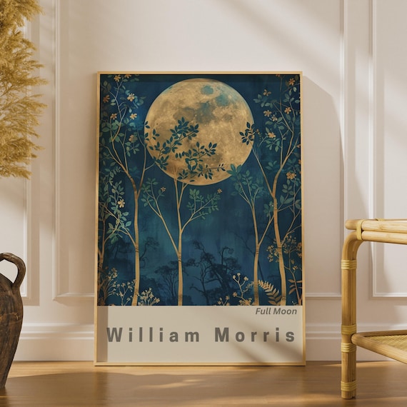 William Morris Full Moon Art Print, Floral Wall Decor, Moonlit Nature Scene, Botanical Print