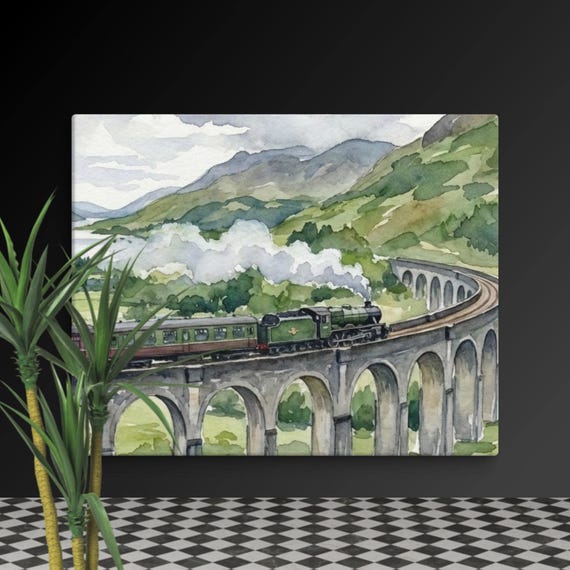Canvas Wall Art | Hogwarts Express Viaduct Watercolor Print • Glenfinnan Viaduct Scotland Art •  Scenic Railway Landscape Canvas