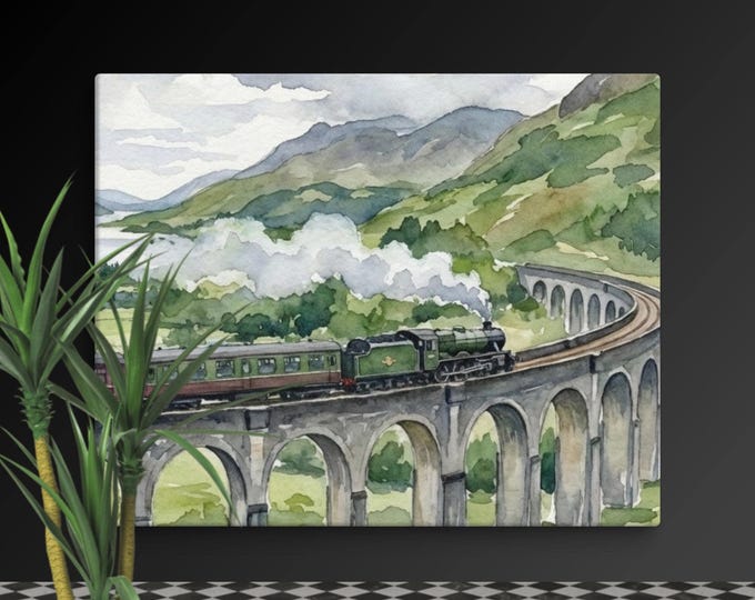 Canvas Wall Art | Hogwarts Express Viaduct Watercolor Print • Glenfinnan Viaduct Scotland Art •  Scenic Railway Landscape Canvas