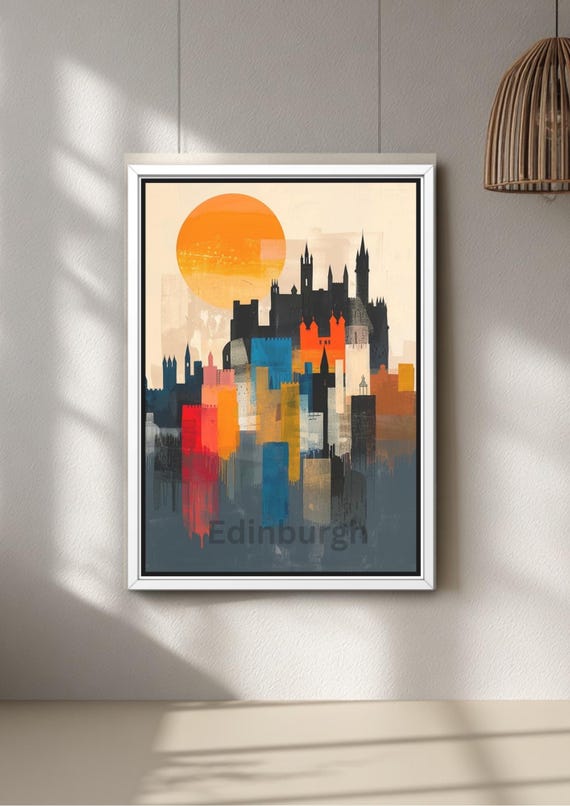 Edinburgh Wall Art, Mid Century Modern City Skyline Print, Warm Sunset, Geometric Poster