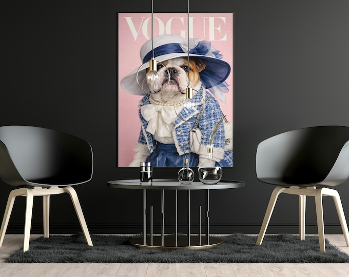 Vogue Bulldog Fashion Print: Parisian Style Pet Portrait, Chic Home Decor