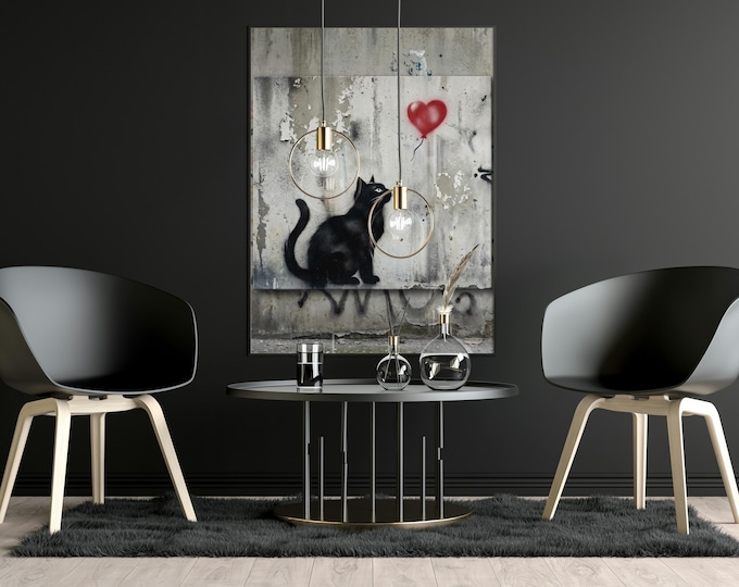 Black Cat Street Art Print, Banksy Style Inspired Wall Art, Urban Graffiti Cat Poster, Modern Home Decor
