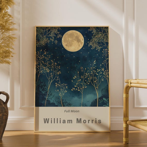 Full Moon Print, William Morris Wall Art, Navy Gold Botanical Poster, Celestial Night Sky Decor